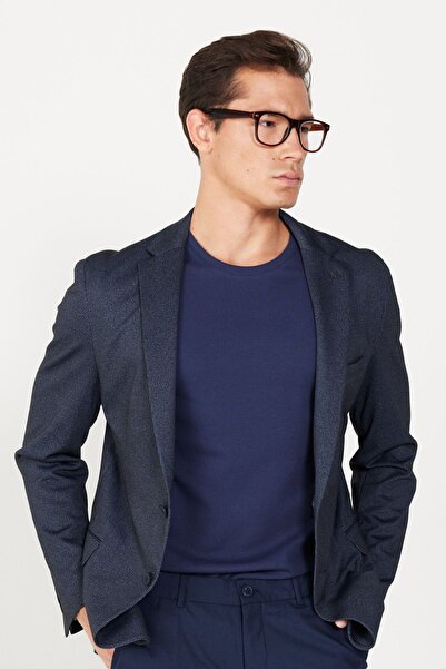 ALTINYILDIZ CLASSICS Erkek Lacivert Slim Fit Dar Kesim Mono Yaka Baskılı Blazer Ceket