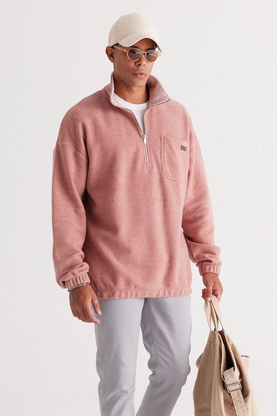 AC&Co / Altınyıldız Classics Ανδρικό μπλουζάκι Dusty Rose Melange Loose Fit Fleece Stand-Up Bato φούτερ με γιακά από βαμβάκι
