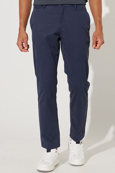 ALTINYILDIZ CLASSICS Men's Navy Blue Comfort Fit Relaxed Cut Cotton Diagonal Patterned Stretchy Trousers
