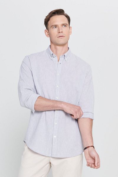 AC&Co / Altınyıldız Classics Γκρι λινό Comfort Fit Casual ανδρικό πουκάμισο - Άνετη εφαρμογή, γιακάς με κουμπιά