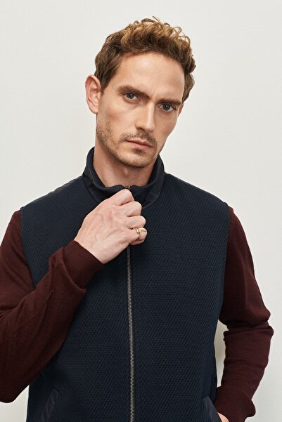 ALTINYILDIZ CLASSICS Navy Blue Patterned Stand Collar Men's Vest - Standard Fit