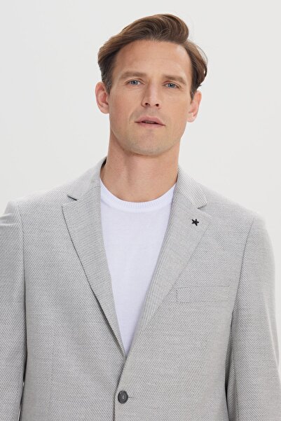 ALTINYILDIZ CLASSICS Men's Gray Regular Fit Relaxed Cut Mono Collar Diagonal Patterned Blazer Jacket
