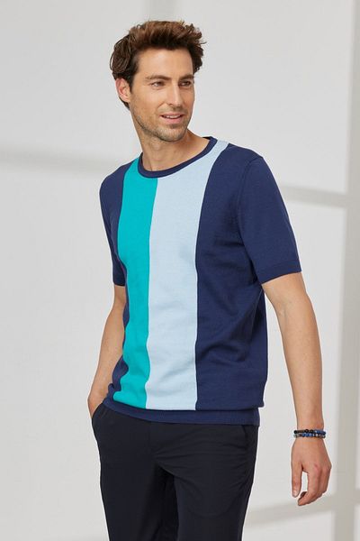 AC&Co / Altınyıldız Classics Men's Navy Blue Standard Fit Regular Cut Crew Neck 100% Cotton Striped Knitwear T-Shirt