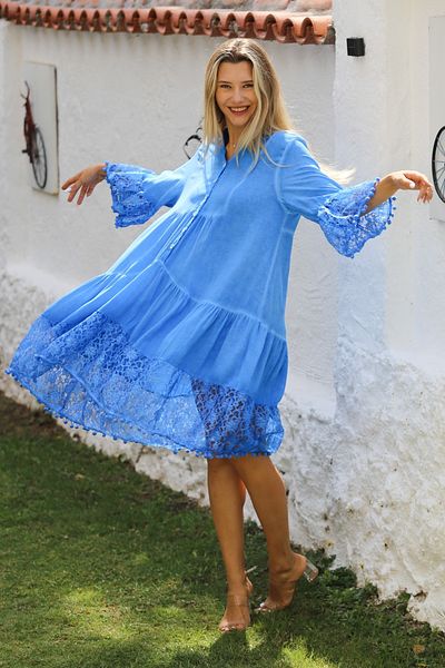 Chiccy Rochie casual albastru deschis din dantela cu guler marit - cu maneci 3/4 si fusta