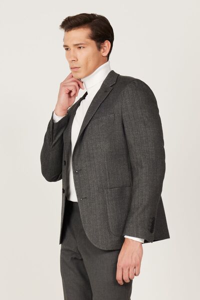 ALTINYILDIZ CLASSICS Erkek Antrasit Slim Fit Dar Kesim Mono Yaka Desenli Yünlü Blazer Ceket