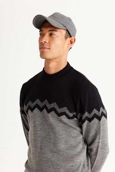 AC&Co / Altınyıldız Classics Schwarzgrauer Melange-Strickpullover mit normaler Passform und normalem Schnitt, halber Rollkragenpullover und Zickzackmuster für Herren