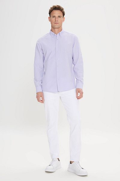 AC&Co / Altınyıldız Classics Ανδρικό λιλά ελαστικό πουκάμισο Oxford - Seersucker μοτίβο, λεπτή εφαρμογή, εύκολο σίδερο, γιακάς με κουμπιά