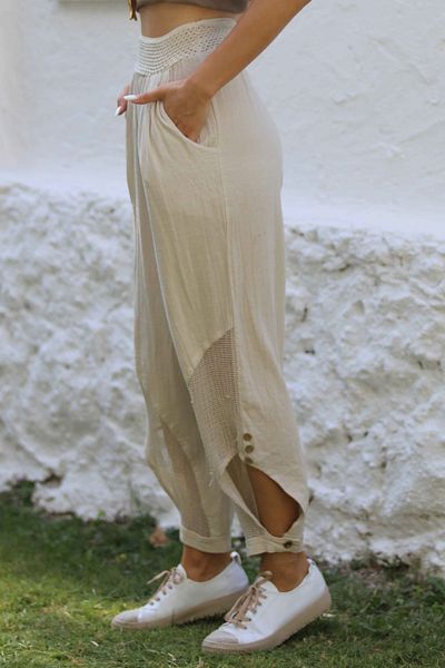 Chiccy Beige Woven Elastic Waist Jogger Leg - Casual Trousers with Pockets and Mesh Detail