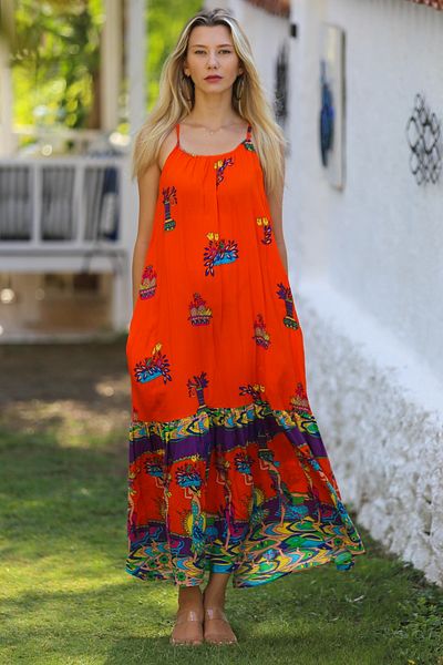 Chiccy Orange Ruffle Skirt with Straps - Allover Printed Casual Dress