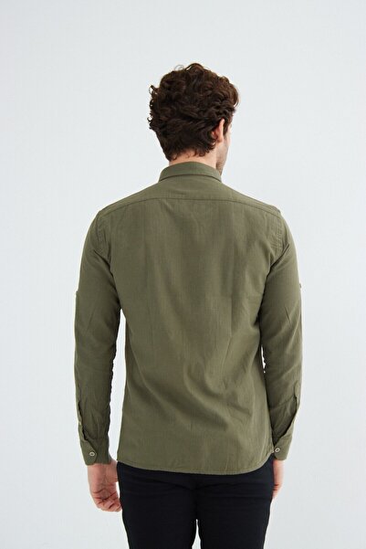 RAVANELLI Sarte - Koyu Haki Modern Slim Fit Keten Görünümlü Flam Uzun Kol Erkek Gömlek