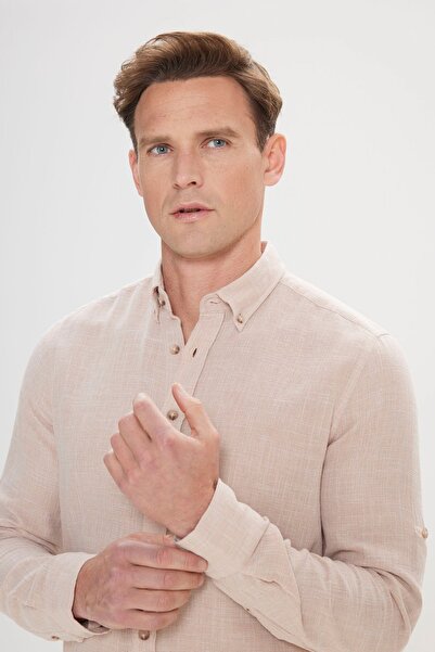 ALTINYILDIZ CLASSICS Erkek Koyu Bej Keten Görünümlü Slim Fit Dar Kesim %100 Pamuk Düğmeli Yaka Gömlek