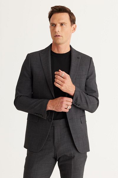 ALTINYILDIZ CLASSICS Anthracite Men's Slim Fit Woolen Suit - Cordura Fabric, Swallow Collar
