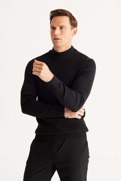 AC&Co / Altınyıldız Classics Men's Black Slim Fit Slim Fit Half Turtleneck Cotton Jacquard Knitwear Sweater