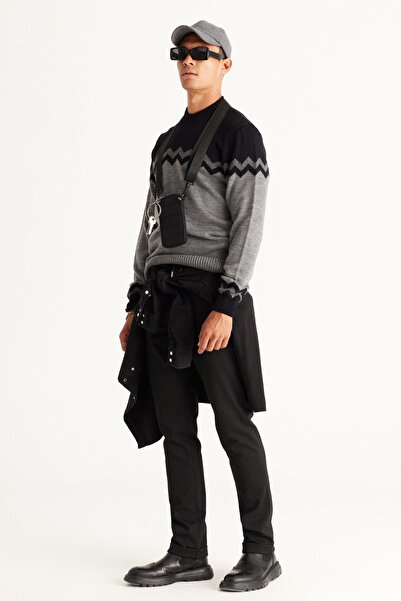 AC&Co / Altınyıldız Classics Men's Black-gray Melange Standard Fit Regular Cut Half Turtleneck Zigzag Patterned Knitwear Sweater