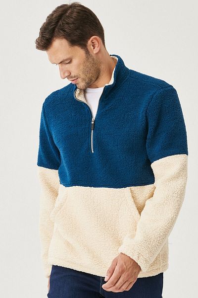 AC&Co / Altınyıldız Classics Ανδρική φούντα βενζίνης Standard Fit Stand-Up Bato Collar Kangaroo Pocket Διπλό Φούτερ Sherpa Fleece
