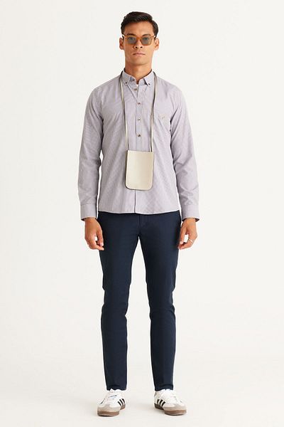 AC&Co / Altınyıldız Classics Pánská námořnická modř-hořčice Slim Fit Slim Fit límeček na knoflíky, kapsa Bavlněná košile s pruhy