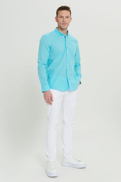 AC&Co / Altınyıldız Classics Cămașă pentru bărbați, turcoaz, 100% bumbac, Oxford, slim fit, cu guler cu nasturi