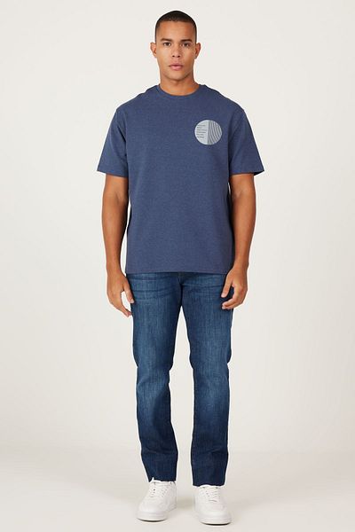 AC&Co / Altınyıldız Classics Pánské tričko Indigo Modern Fit Crew Neck Bavlna s tlustou texturou s potiskem