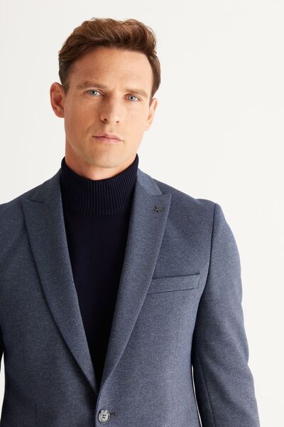 ALTINYILDIZ CLASSICS Men's Navy Blue-Grey Slim Fit Slim Fit Swallow Collar Patterned Suit