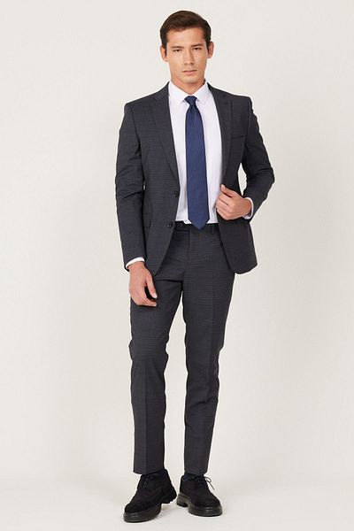 ALTINYILDIZ CLASSICS Men's Anthracite-Navy Wool Extra Slim Fit Slim Fit Mono Collar Print Suit