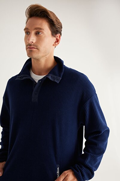 AC&Co / Altınyıldız Classics Men's Navy Blue Loose Fit Stand-Up Collar Jacquard Soft Touch Fleece Sweatshirt