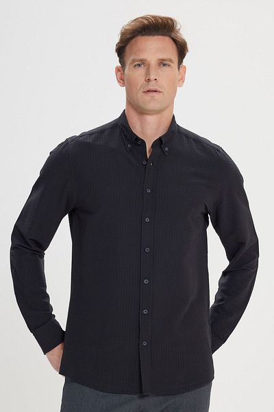 ALTINYILDIZ CLASSICS Pánská černá košile Slim Fit s úzkým střihem na knoflíky ze 100% bavlny