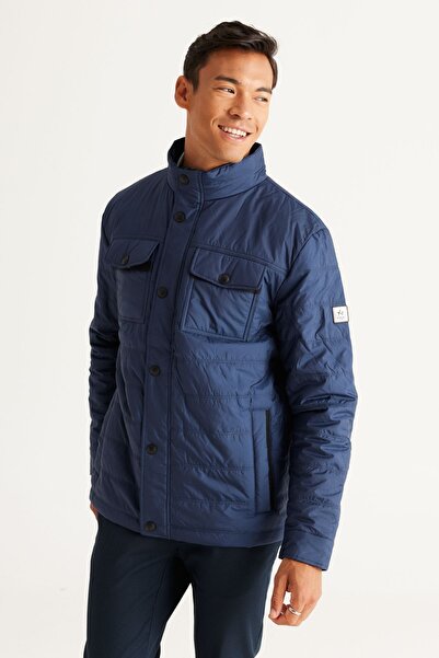 ALTINYILDIZ CLASSICS Men's Navy Blue Standard Fit Regular Cut Stand Collar Coat