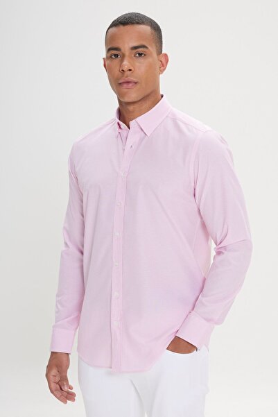 AC&Co / Altınyıldız Classics Ανδρικό Λευκό-Ροζ Slim Fit Slim Fit Κρυφό Κουμπί γιακά Βαμβακερό ριγέ πουκάμισο