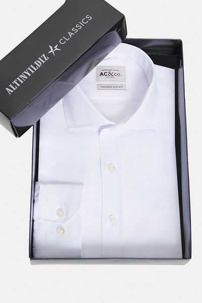 AC&Co / Altınyıldız Classics Ανδρικό πουκάμισο White Slim Fit Dobby Classic Collar - Special Gift Boxed