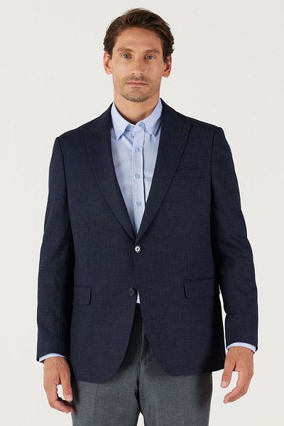 ALTINYILDIZ CLASSICS Pánská bunda Dobby s límečkem v námořnické modré Comfort Fit uvolněného střihu
