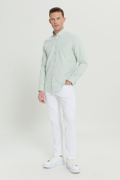 ALTINYILDIZ CLASSICS Ανδρικό βαμβακερό πουκάμισο Green Slim Fit - Dobby, γιακάς με κουμπιά