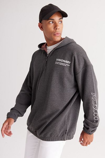 AC&Co / Altınyıldız Classics Ανδρικό φούτερ Oversize Fleece Anthracite-Melange με κουκούλα με στάμπα - 3 κλωστές