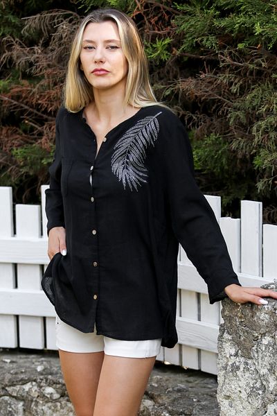 Chiccy Maneca lunga cu paiete negre - camasa casual cu nasturi cu guler Britli
