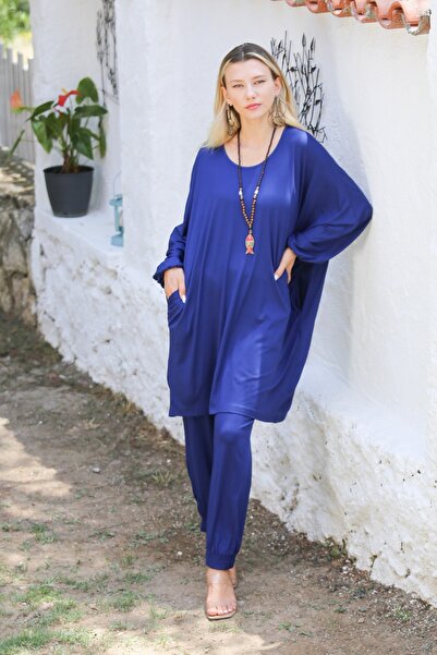 Chiccy Plus Size Dark Blue Knitted Set with Round Collar and Bat Sleeve Pocket - Elastic Waist and Leg
