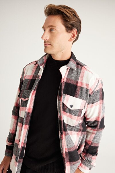 AC&Co / Altınyıldız Classics Men's Red-black Oversize Loose Cut Button Collar Winter Shirt Jacket