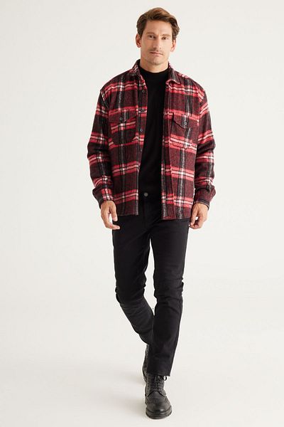 AC&Co / Altınyıldız Classics Rot-schwarze, übergroße, locker geschnittene, karierte Holzfäller-Winterhemdjacke mit Knopfkragen für Herren