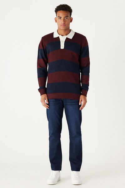 AC&Co / Altınyıldız Classics Men's Burgundy-navy blue Standard Fit Regular Cut Polo Neck Ruffled Soft Textured Knitwear Sweater