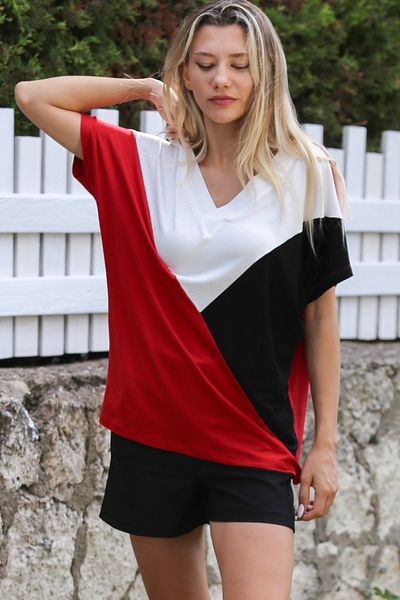 Chiccy V-Neck Red-White Low Sleeve Knitted Blouse