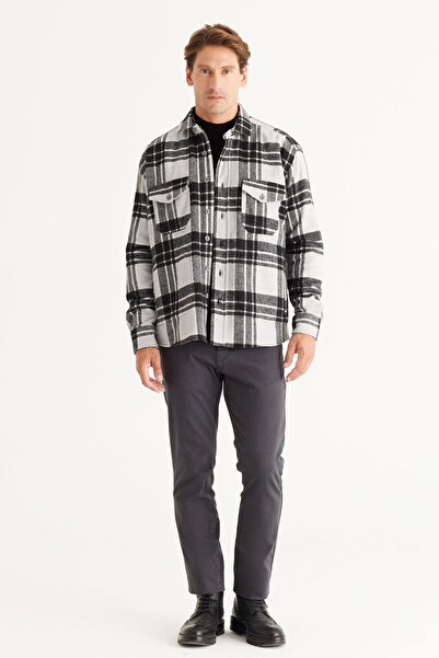 AC&Co / Altınyıldız Classics Pánská černo-šedá oversize zimní košilová bunda s volným střihem a knoflíkovým límcem