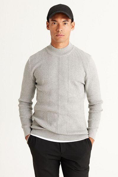 AC&Co / Altınyıldız Classics Men's Gray Melange Slim Fit Slim Fit Half Turtleneck Cotton Jacquard Knitwear Sweater