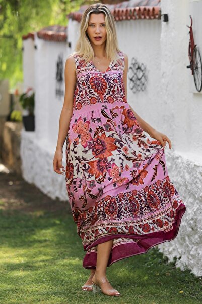 Chiccy Бордо-бежова пола с волани, ежедневна рокля без ръкави с V-образно деколте и щампа по цялата повърхност