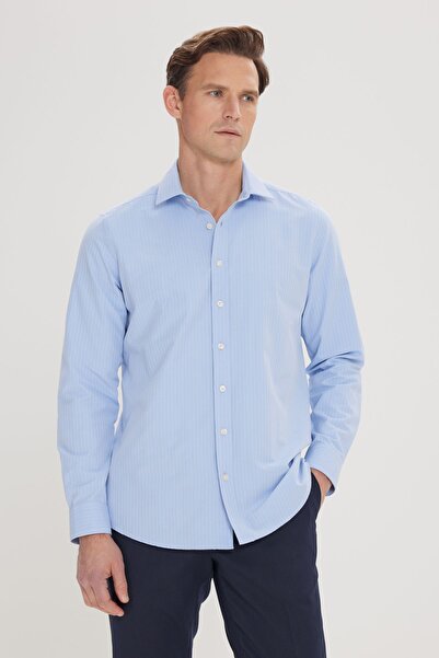 ALTINYILDIZ CLASSICS Erkek Açık Mavi Slim Fit Dar Kesim Düğmeli Yaka Keten Görünümlü %100 Pamuk Flamlı Gömlek