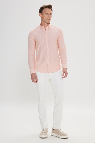 AC&Co / Altınyıldız Classics Cămașă cu dungi din bumbac, alb-portocaliu, slim fit, cu guler ascuns, cu nasturi