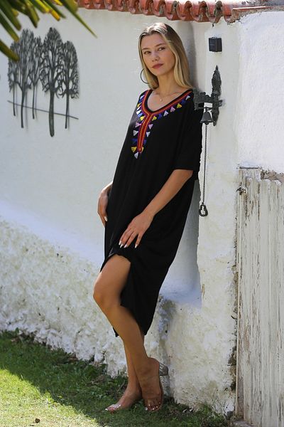 Chiccy Round Neck Black Embroidered Knitted Casual Dress - Short Sleeve and Pocket