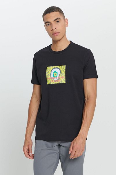 AC&Co / Altınyıldız Classics Pánské černé tričko Standard Fit Regular Fit 100% bavlna Design s potiskem a výstřihem