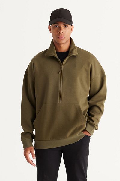 AC&Co / Altınyıldız Classics Ανδρικό φούτερ χακί Oversize, φλις με κλωστή, ψηλό μπατόν με γιακά