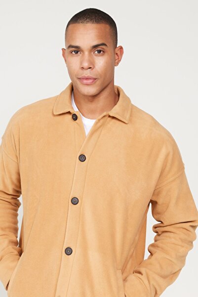 AC&Co / Altınyıldız Classics Men's Caramel Oversize Loose Cut Classic Collar Non-Pilling Winter Comfortable Fleece Shirt