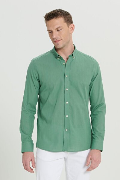 AC&Co / Altınyıldız Classics Ανδρικό πουκάμισο με λαιμόκοψη από 100% βαμβακερό ύφασμα που αναπνέει με λεπτή εφαρμογή