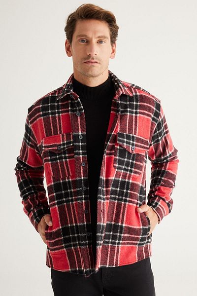 AC&Co / Altınyıldız Classics Rot-schwarze, übergroße, locker geschnittene, karierte Winterhemdjacke mit Knopfkragen für Herren