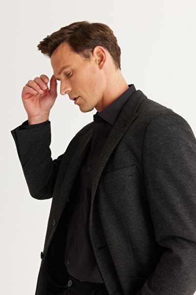 ALTINYILDIZ CLASSICS Erkek Siyah-antrasit Slim Fit Dar Kesim Kırlangıç Yaka Desenli Blazer Ceket